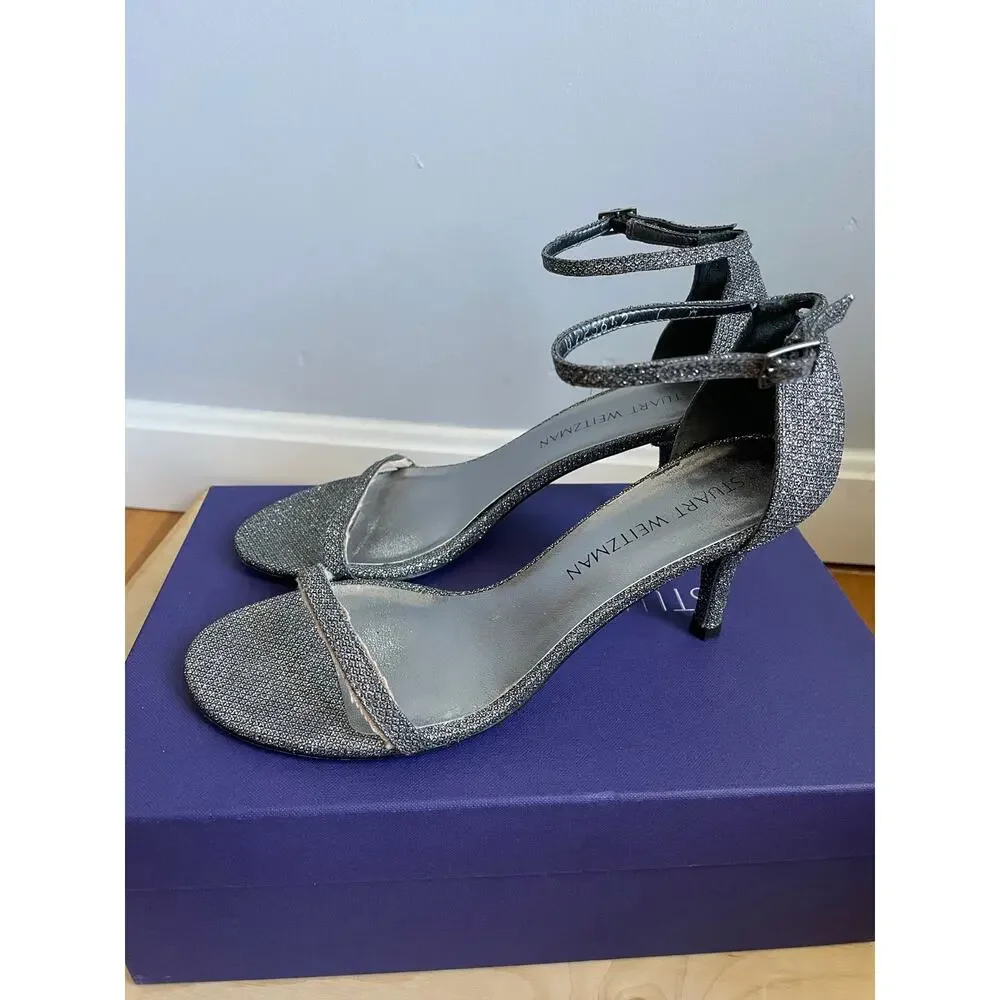 Stuart Weitzman Silver Naked Glitter Sandals 2.5